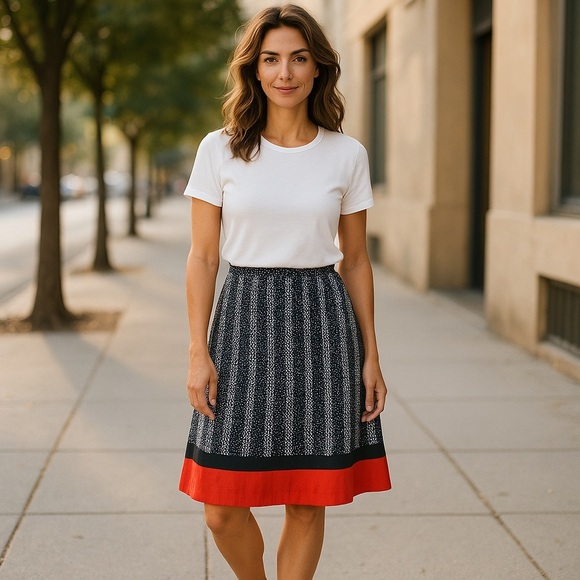 Talbots Elegant Navy  and‎ White Embroidered Skirt with Red Hem lined Sz 4 EUC - Picture 1 of 11